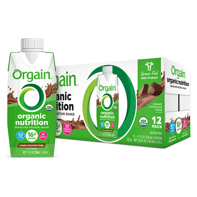 Single and case of Organic Nutrition Shake Creamy Chocolate Fudge Flavor in the 12 Shakes Size