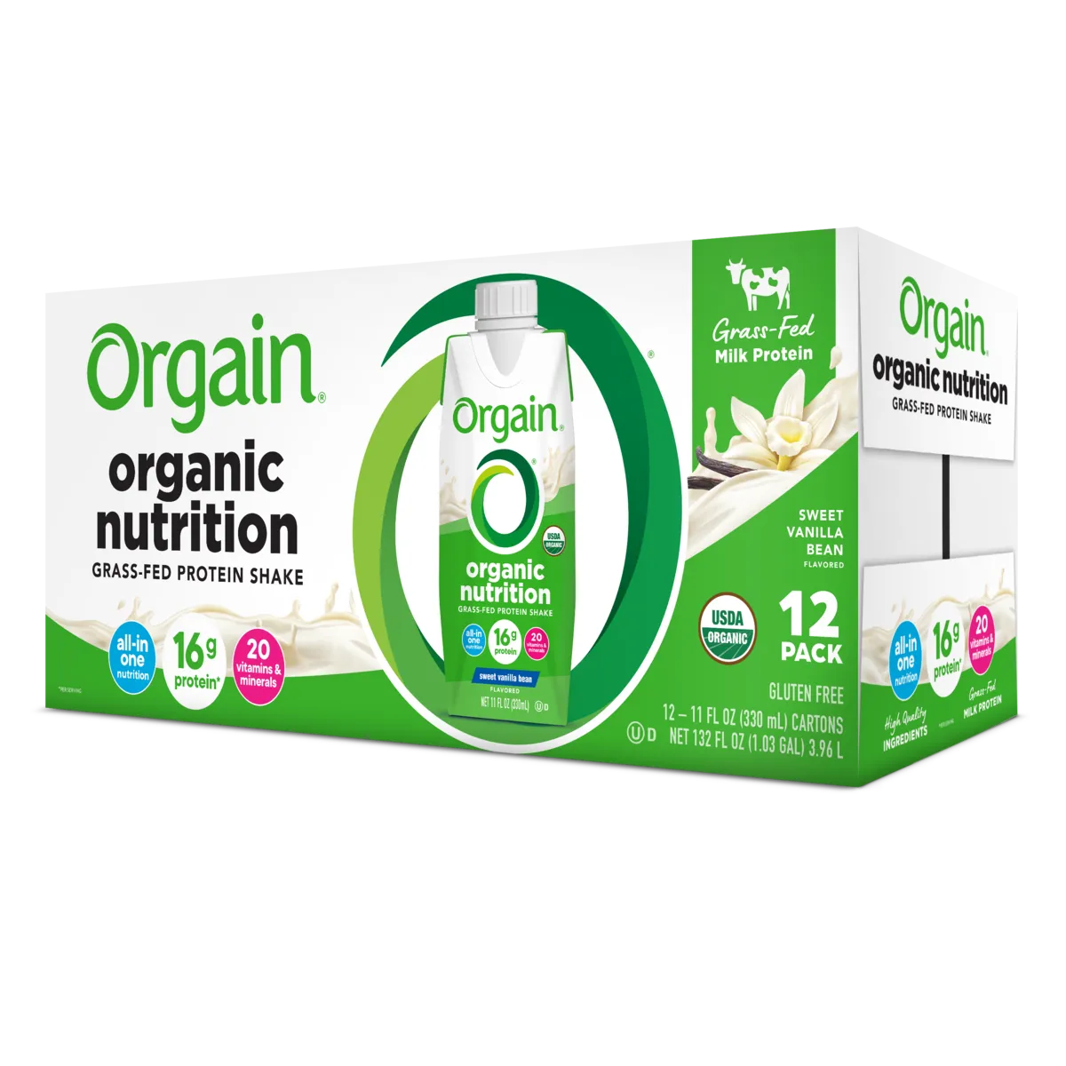 Angled view of Orgain Organic Nutrition Shake in sweet vanilla bean flavor 12 pack