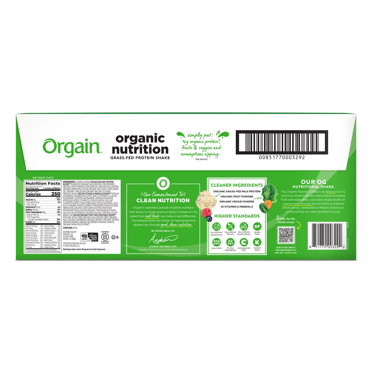 Back of Orgain Organic Nutrition Shake in sweet vanilla bean flavor 12 pack 