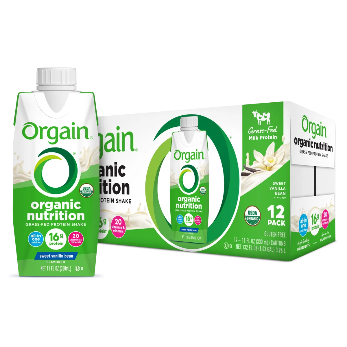 Front of Orgain Organic Nutrition Shake in sweet vanilla bean flavor 12 pack and single shake