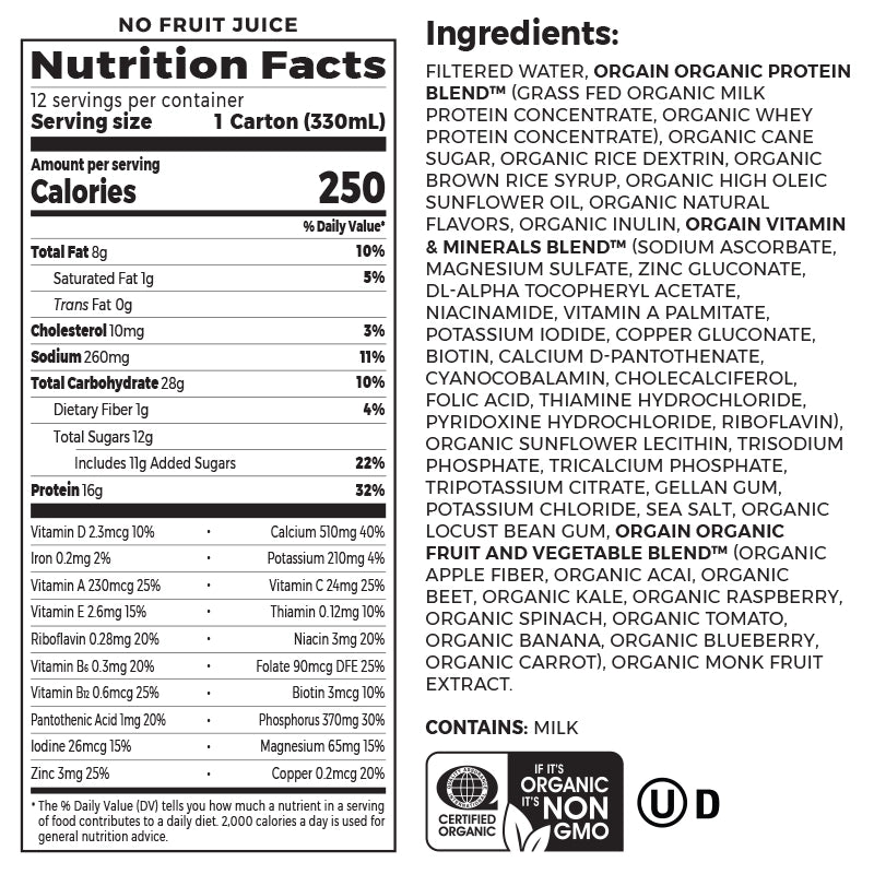Nutrition fact panel and list of ingredients of Organic Nutrition Shake - Sweet Vanilla Bean  Flavor in the 12 Shakes Size