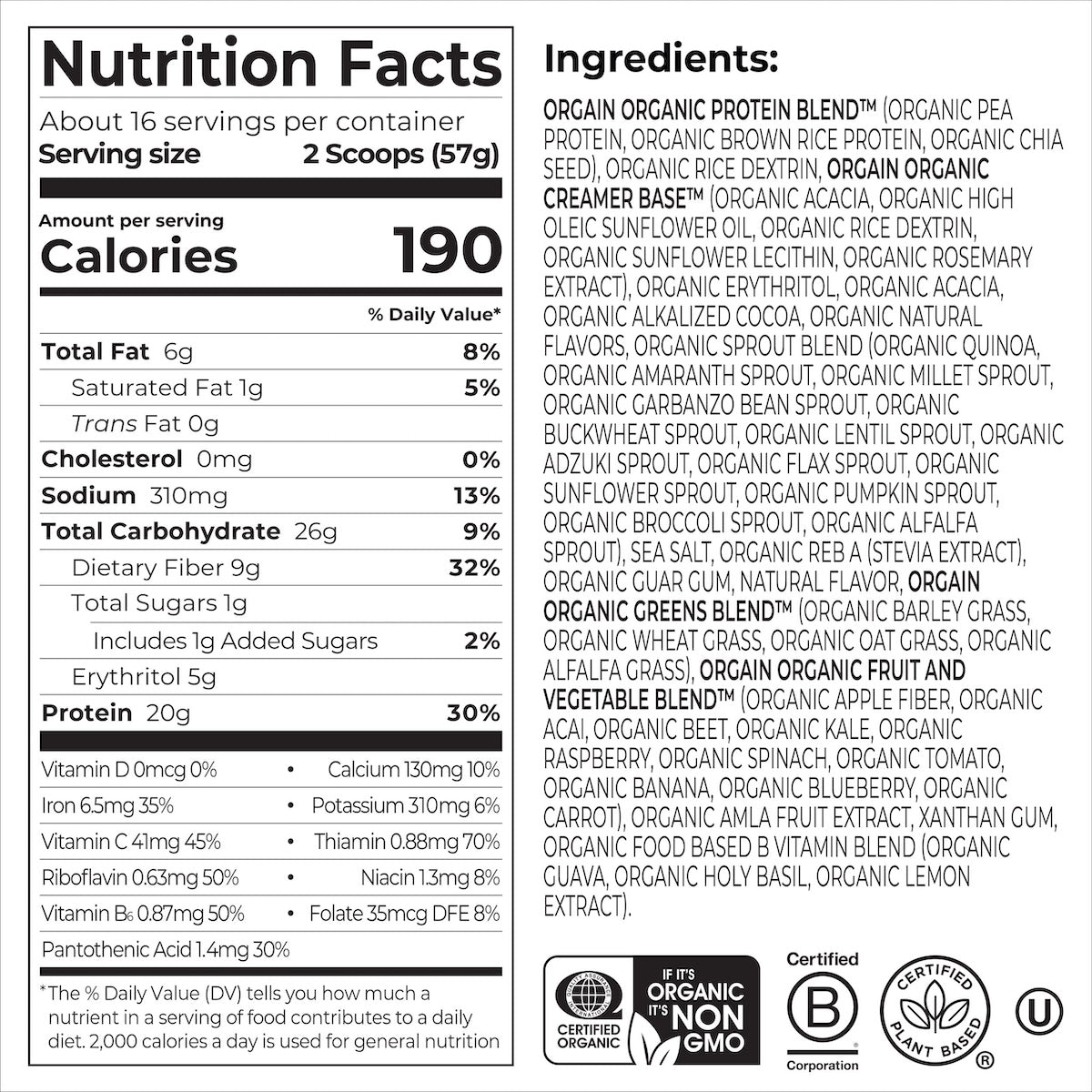 Nutrition Fact Panel for Organic Meal Powder 2.01lb creamy chocolate fudge