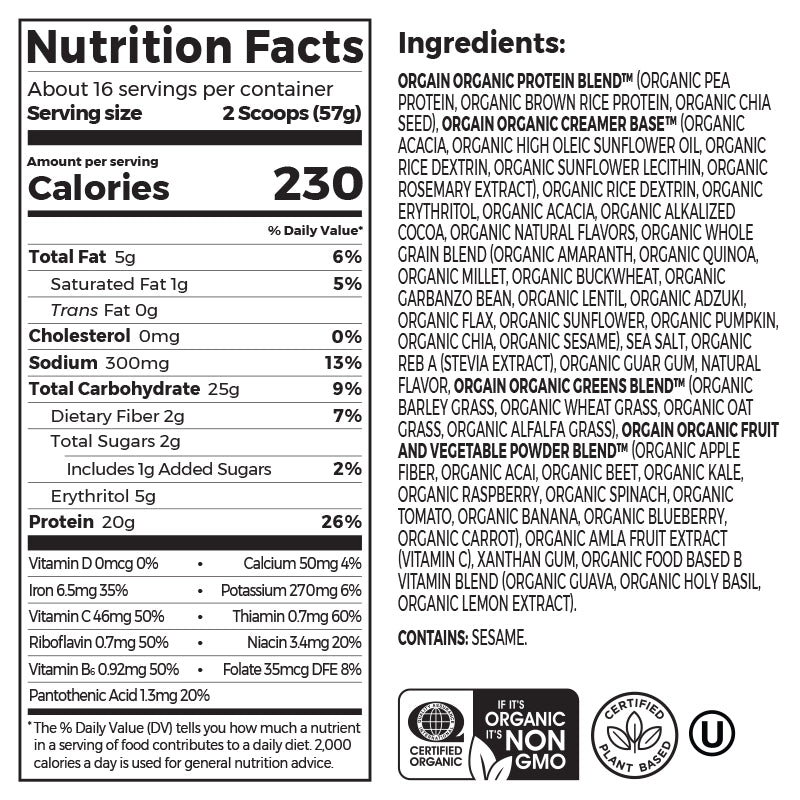 Nutrition fact panel and list of ingredients of Organic Meal Powder Creamy Chocolate Fudge Flavor in the 2.01lb Canister Size