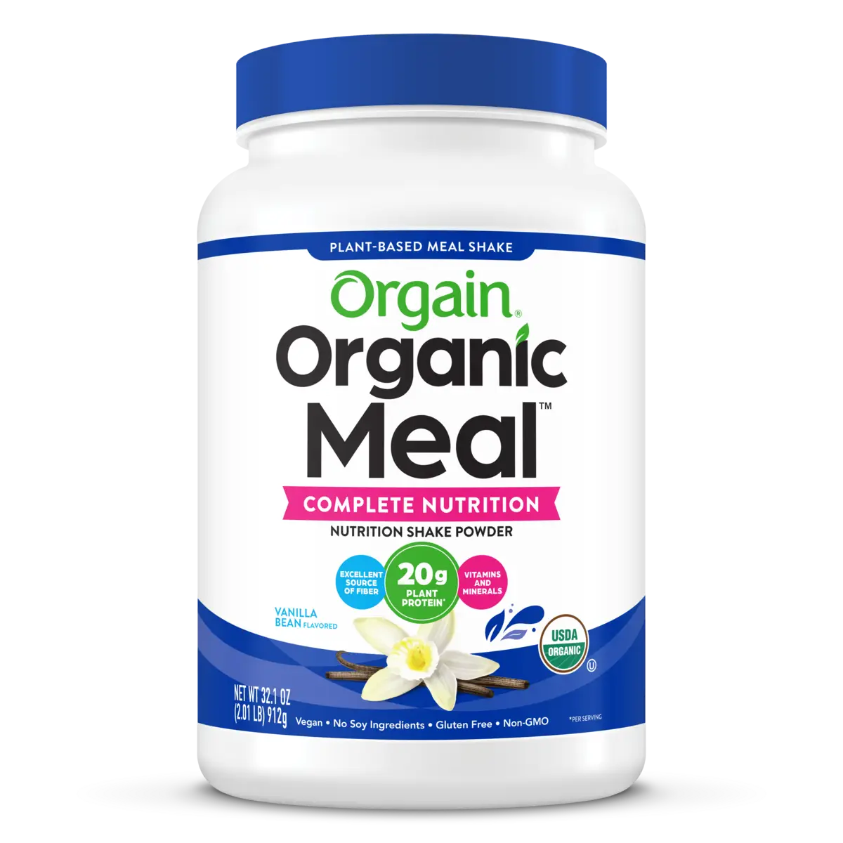 Front of Organic Meal Powder - Vanilla Bean  Flavor in the 2.01lb Canister Size