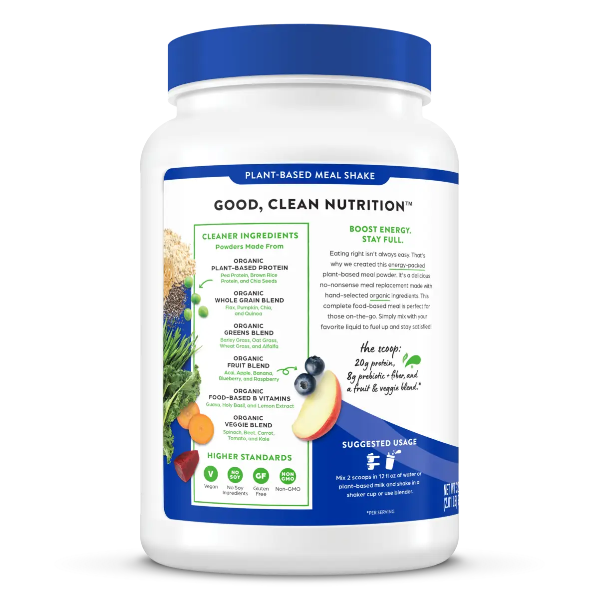 Left side of Organic Meal Powder - Vanilla Bean  Flavor in the 2.01lb Canister Size