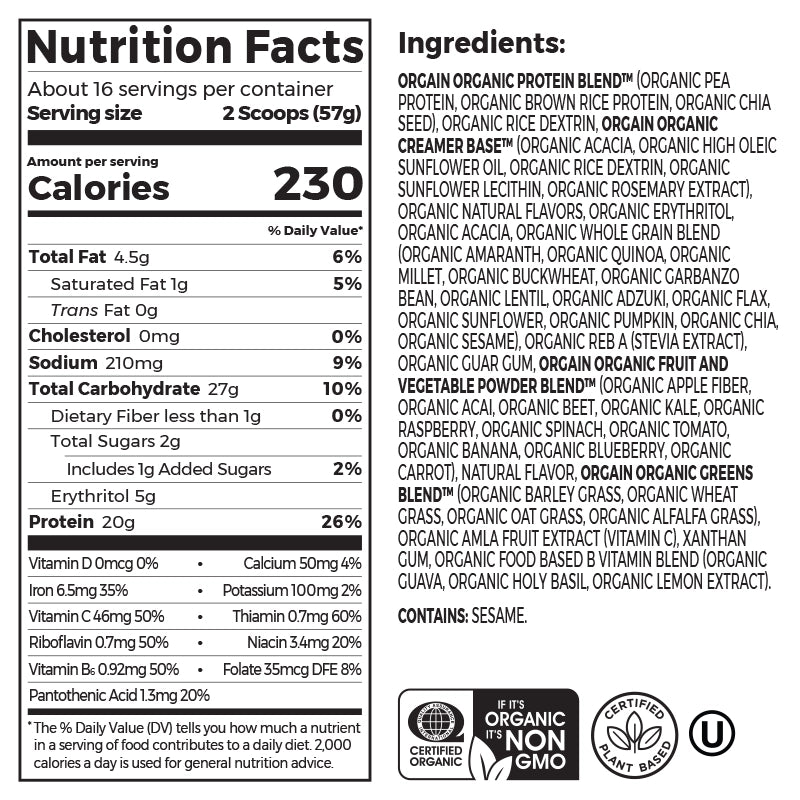 Nutrition fact panel and list of ingredients of Organic Meal Powder - Vanilla Bean  Flavor in the 2.01lb Canister Size