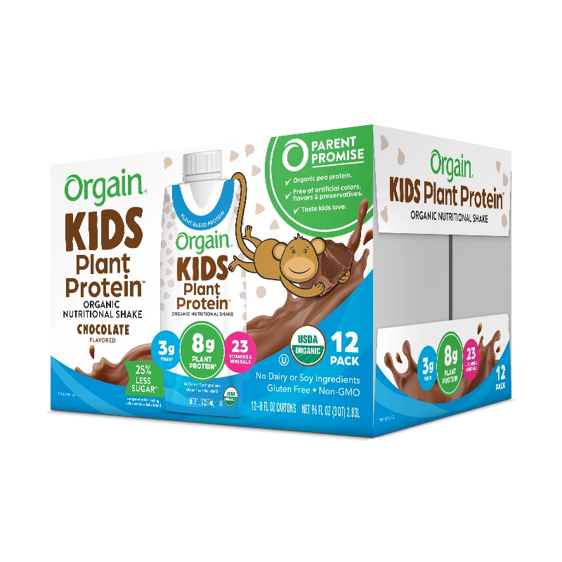 Angled side of Kids Organic Plant Protein Nutritional Shake Chocolate Flavor in the 12 Shakes Size