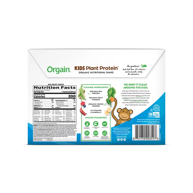 Back of Kids Organic Plant Protein Nutritional Shake Chocolate Flavor in the 12 Shakes Size
