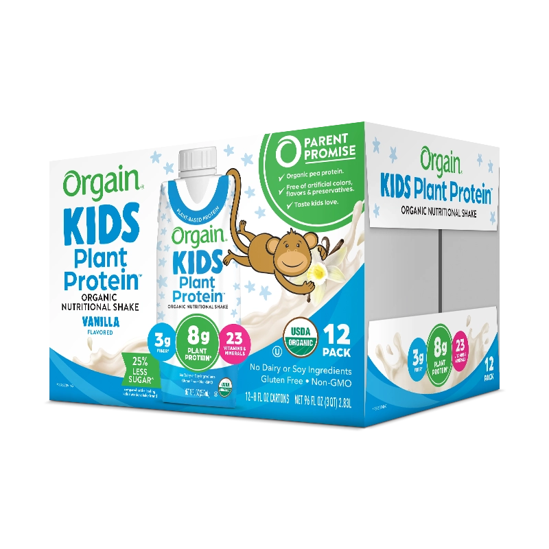 Angled side of Kids Organic Plant Protein Nutritional Shake - Vanilla  Flavor in the 12 Shakes Size