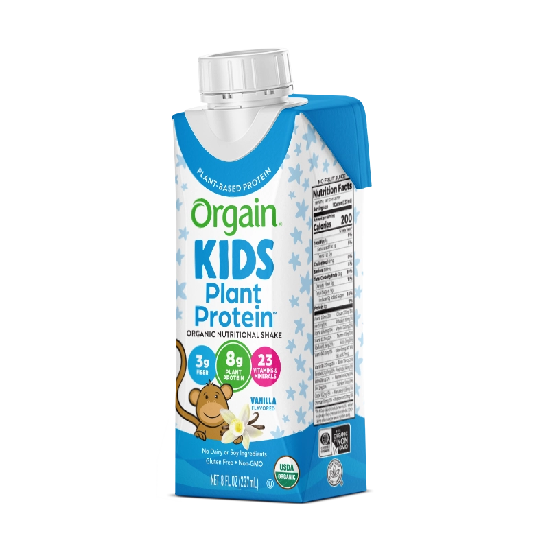 Angled side of Kids Organic Plant Protein Nutritional Shake - Vanilla  Flavor in the 12 Shakes Size