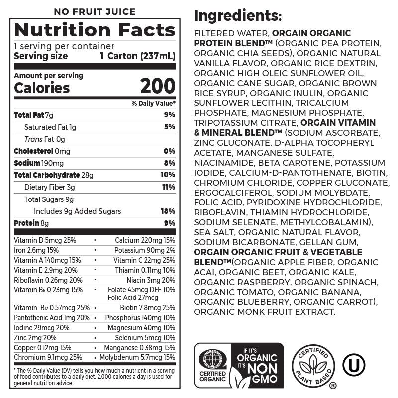 Nutrition fact panel and list of ingredients of Kids Organic Plant Protein Nutritional Shake - Vanilla  Flavor in the 12 Shakes Size