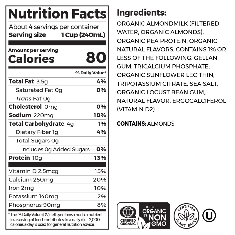 Nutrition fact panel and list of ingredients of Organic Protein Almond Milk - Unsweetened Vanilla  Flavor in the 6 Cartons Size