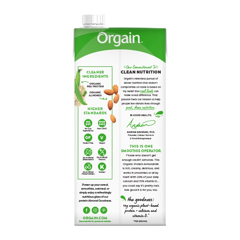 Back of Organic Protein Almond Milk - Unsweetened Vanilla  Flavor in the 6 Cartons Size