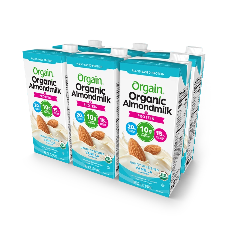 Left side of Organic Protein Almond Milk - Lightly Sweetened Vanilla  Flavor in the 6 Cartons Size