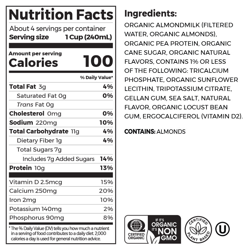 Nutrition fact panel and list of ingredients of Organic Protein Almond Milk - Lightly Sweetened Vanilla  Flavor in the 6 Cartons Size
