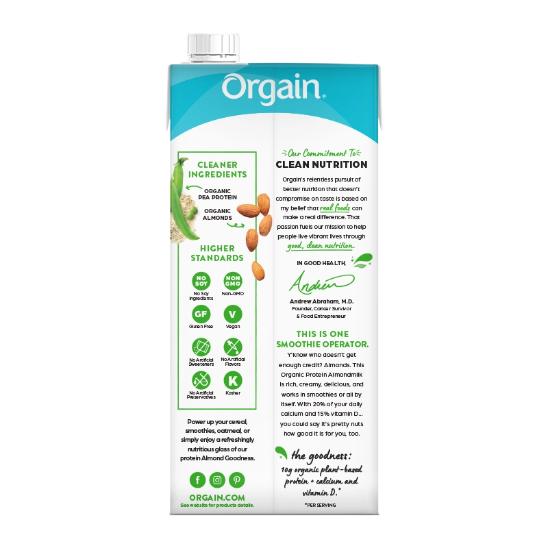 Back of Organic Protein Almond Milk - Lightly Sweetened Vanilla  Flavor in the 6 Cartons Size