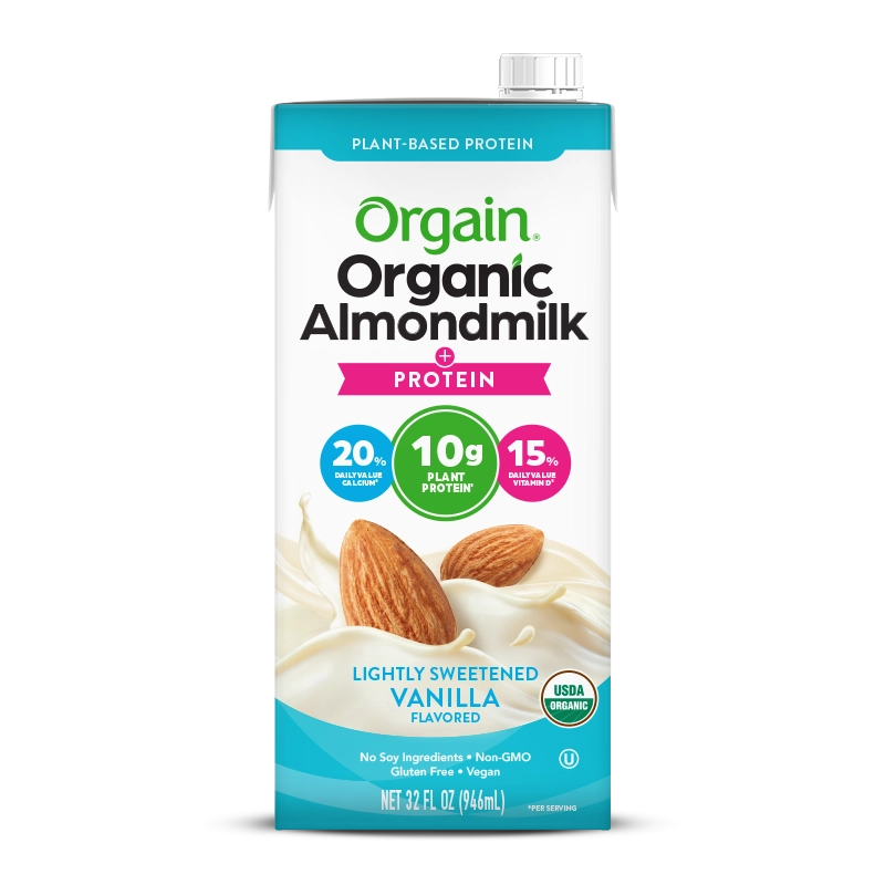Front of Organic Protein Almond Milk - Lightly Sweetened Vanilla  Flavor in the 6 Cartons Size