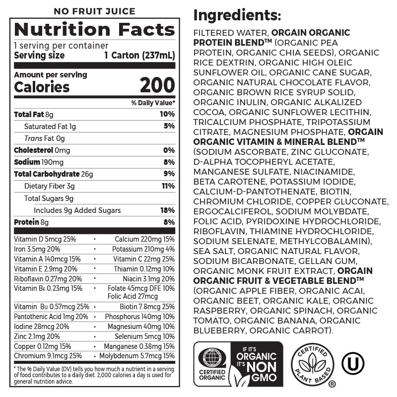 Nutrition fact panel and list of ingredients of Kids Organic Plant Protein Nutritional Shake Chocolate Flavor in the 12 Shakes Size