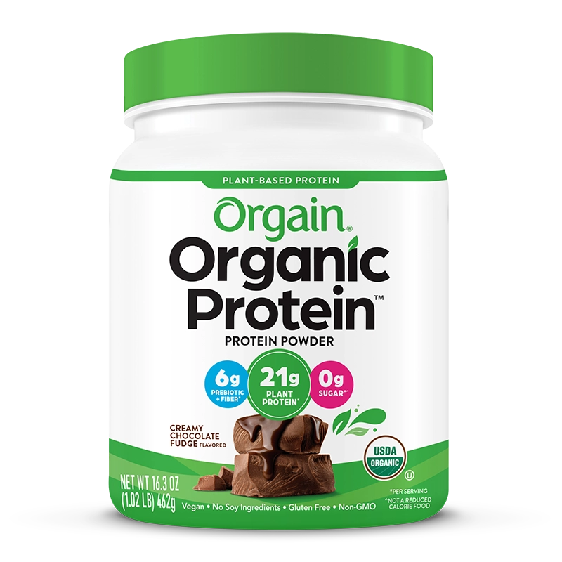 Front of Organic Protein Plant Based Protein Powder Creamy Chocolate Fudge Flavor in the 10 single-serve packets Size