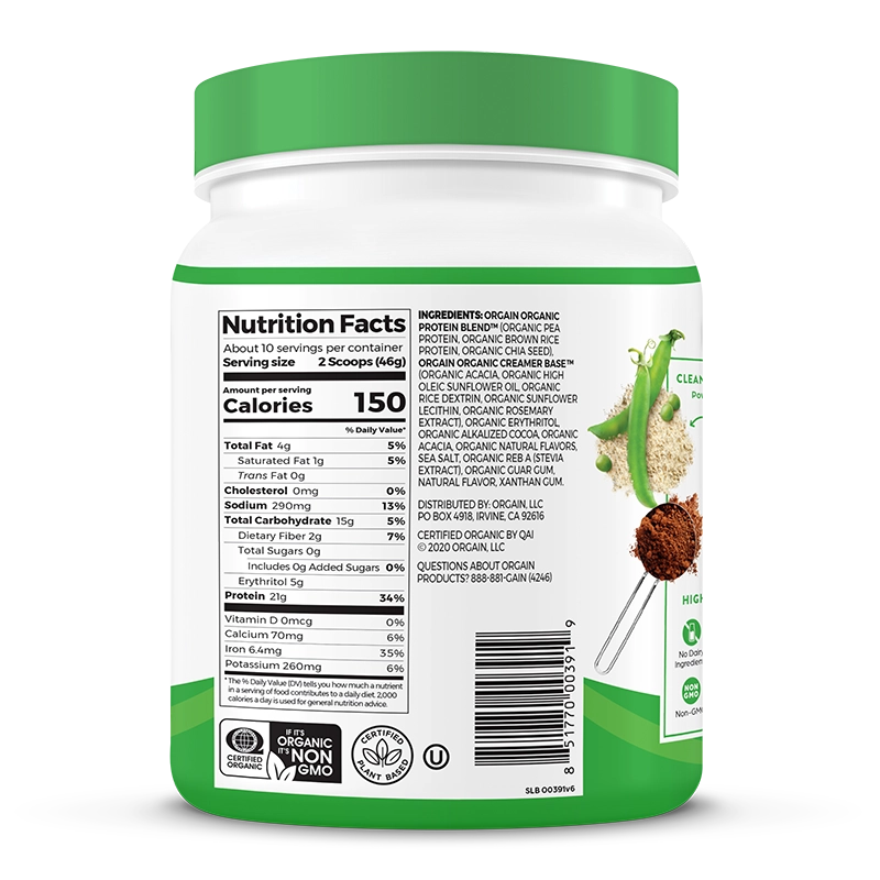 Right side of Organic Protein Plant Based Protein Powder Creamy Chocolate Fudge Flavor in the 10 single-serve packets Size