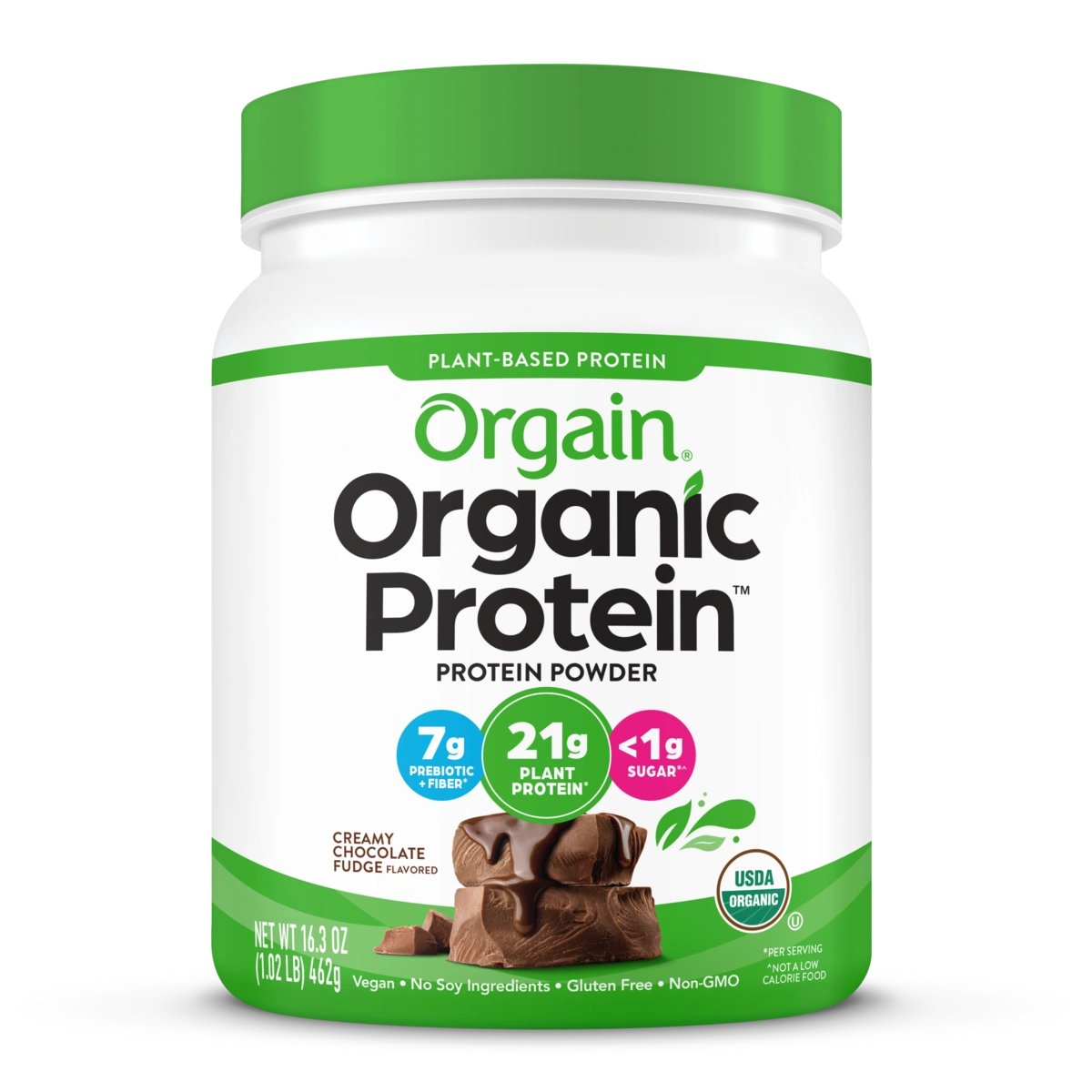 Front of Organic Protein Plant Based Protein powder in creamy chocolate fudge flavor 1lb size