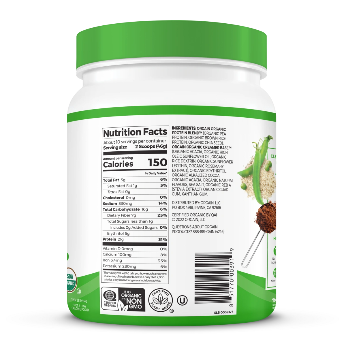 Right side of Organic Protein Plant Based Protein powder in creamy chocolate fudge flavor 1lb size