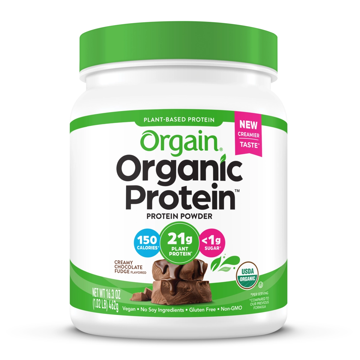 Front of Organic Protein Plant Based Protein powder in creamy chocolate fudge flavor 1lb size