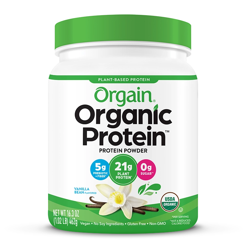 Front of Organic Protein Plant Based Protein Powder - Vanilla Bean  Flavor in the 10 single-serve packets Size