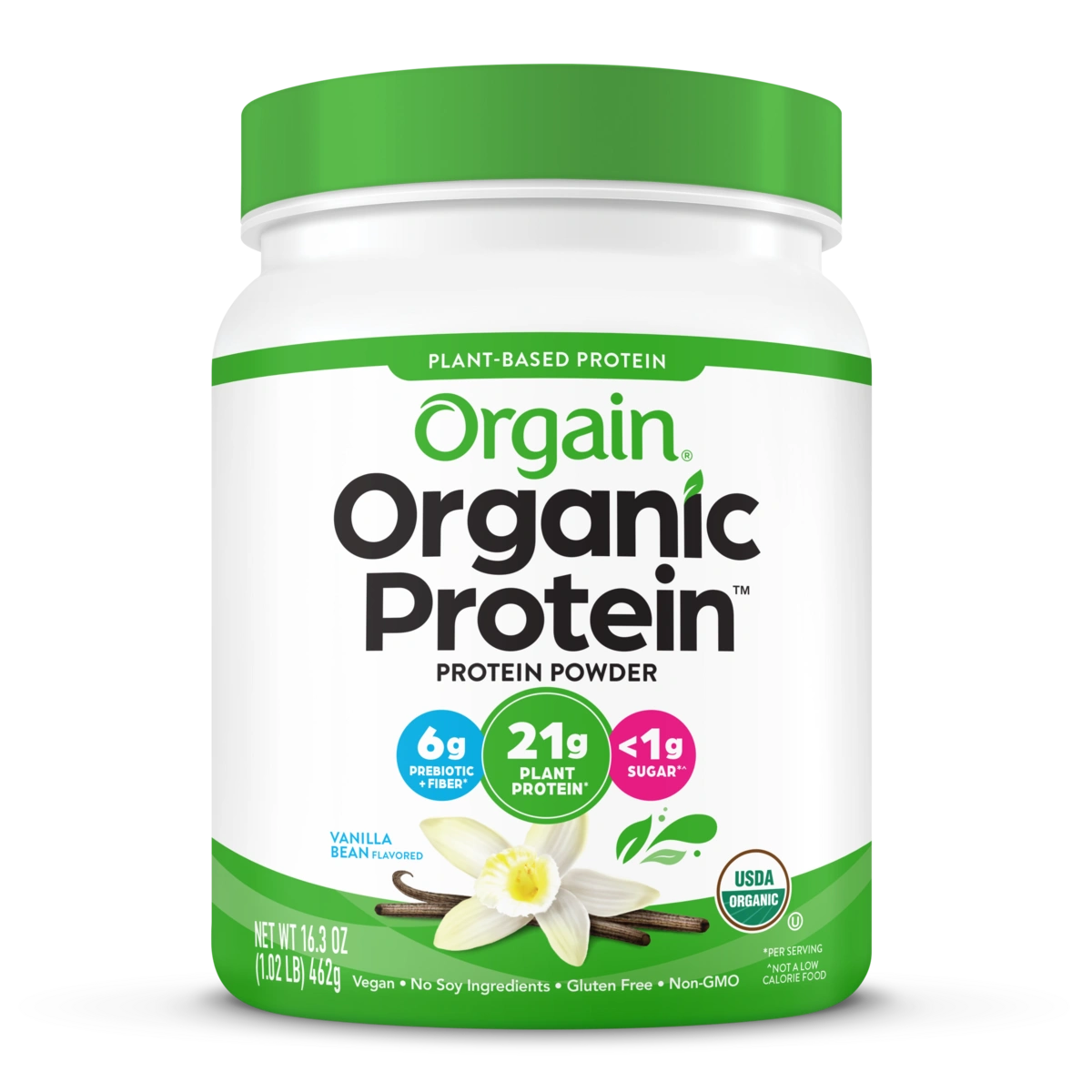 Front of Organic Protein Plant Based Protein Powder - Vanilla Bean Flavor in the 1.02lb Canister Size
