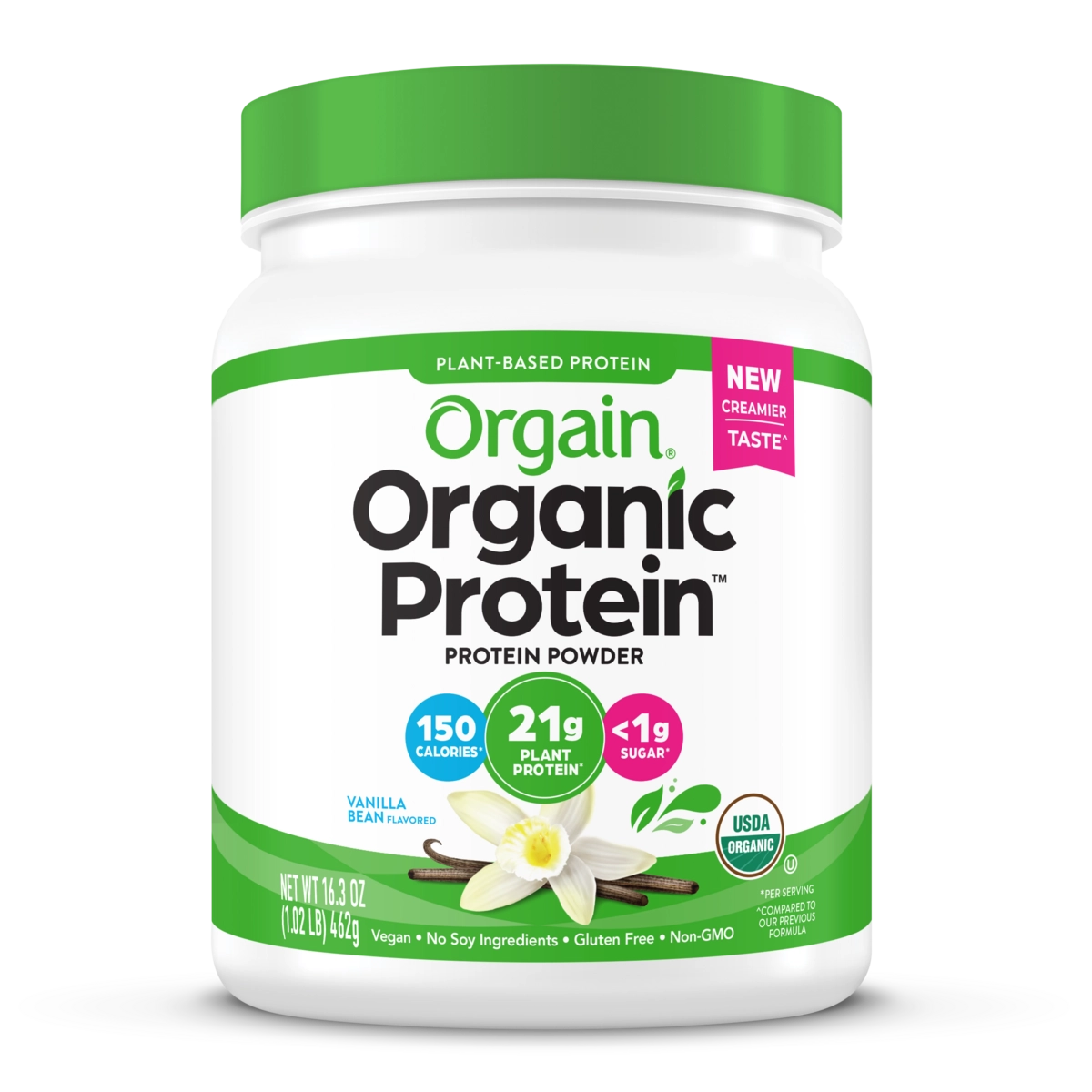 Front of Organic Protein Plant Based Protein powder in vanilla bean flavor 1lb size