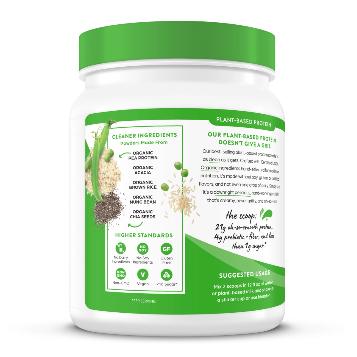 Left side of Organic Protein Plant Based Protein powder in vanilla bean flavor 1lb size