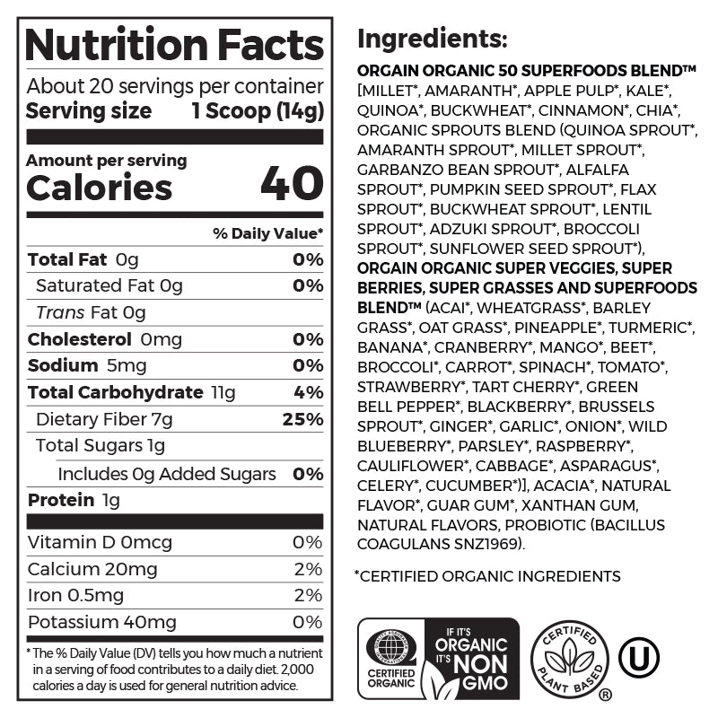 Nutrition fact panel and list of ingredients of Organic Superfoods Powder Original Flavor in the 0.62lb Canister Size