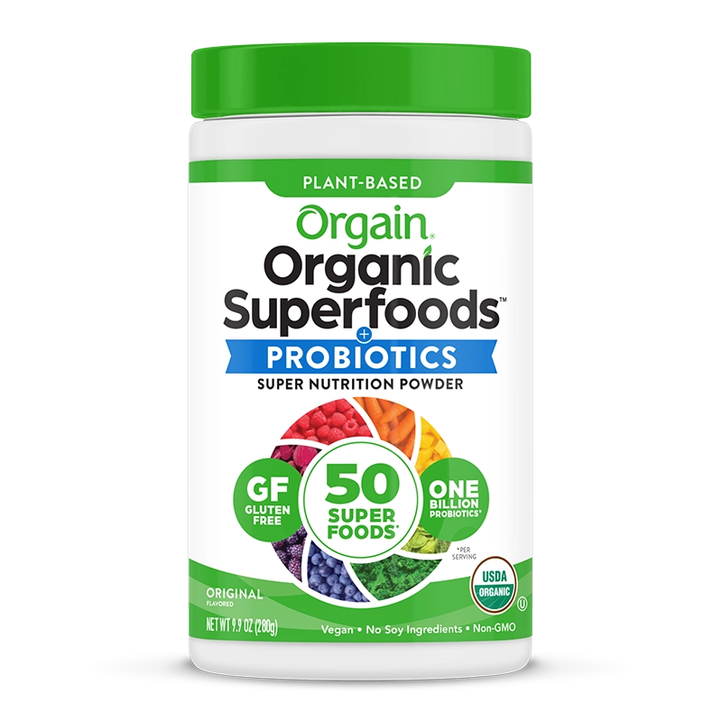 Front of Organic Superfoods Powder Original Flavor in the 0.62lb Canister Size