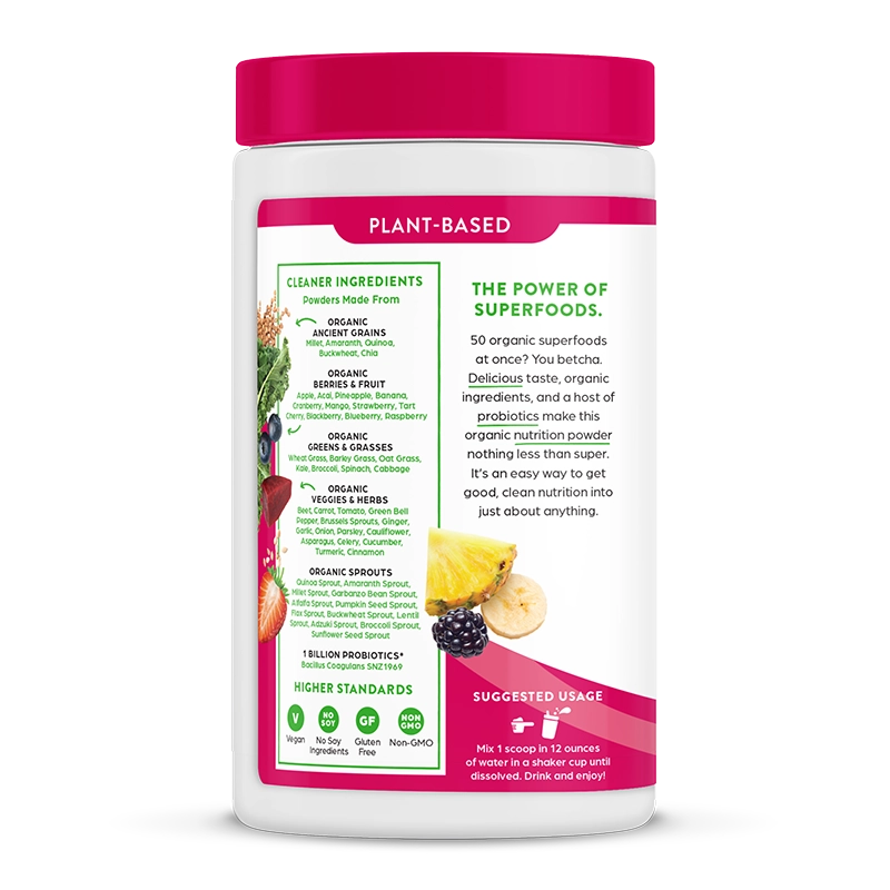 Left side of Organic Superfoods Powder - Berry  Flavor in the 0.62lb Canister Size