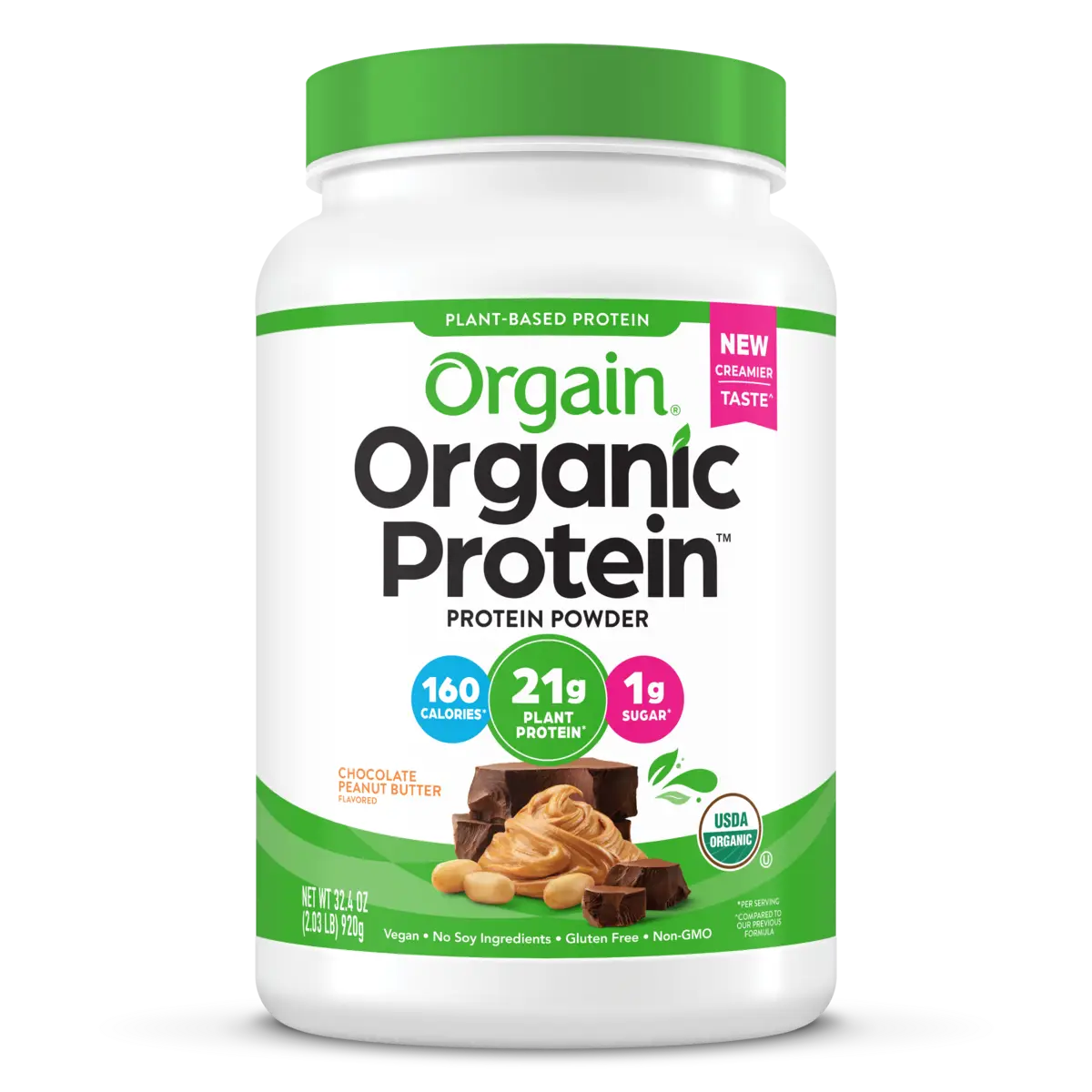 Front of Organic Protein Plant Based Protein Powder - Chocolate Peanut Butter  Flavor in the 2.03lb Canister Size