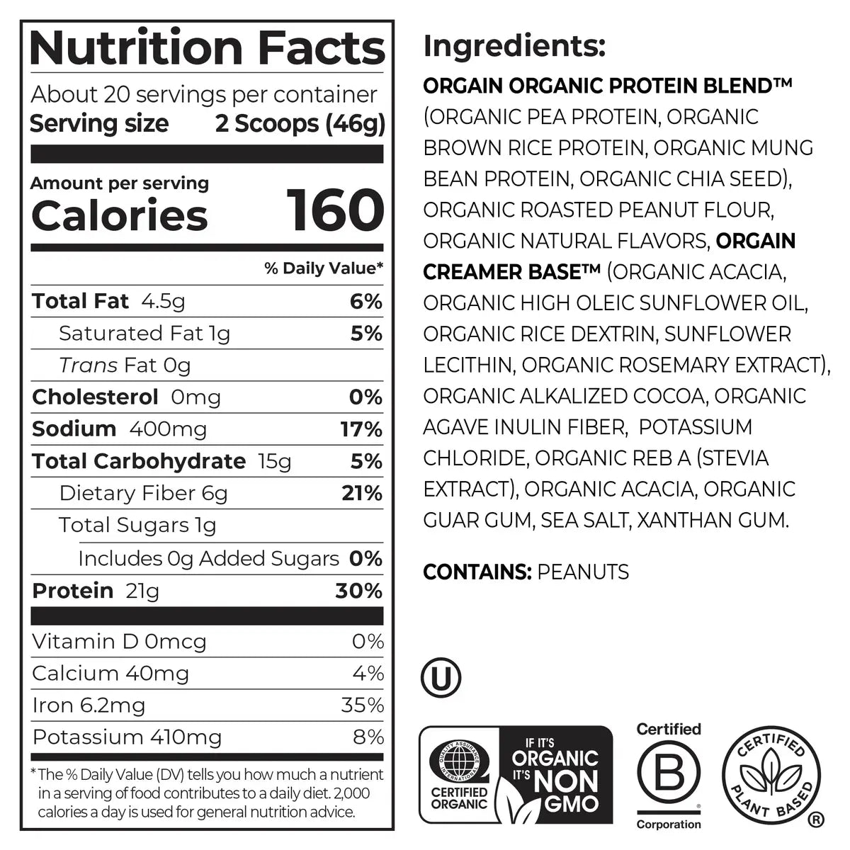 Nutrition fact panel and list of ingredients of Organic Protein Plant Based Protein Powder - Chocolate Peanut Butter  Flavor in the 1.02lb Canister Size