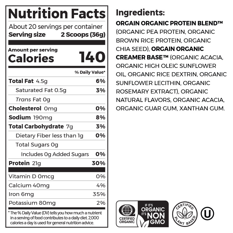 Nutrition fact panel and list of ingredients of Organic Protein Plant Based Protein Powder - Natural Unsweetened  Flavor in the 1.59lb Canister Size