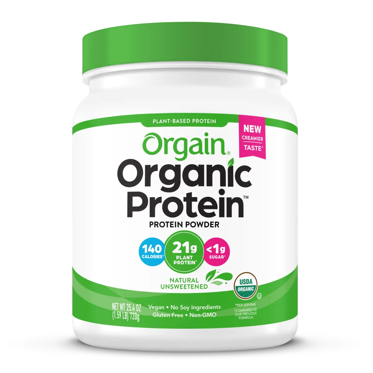 Front of Organic Protein Plant Based Protein Powder - Natural Unsweetened  Flavor in the 1.59lb Canister Size