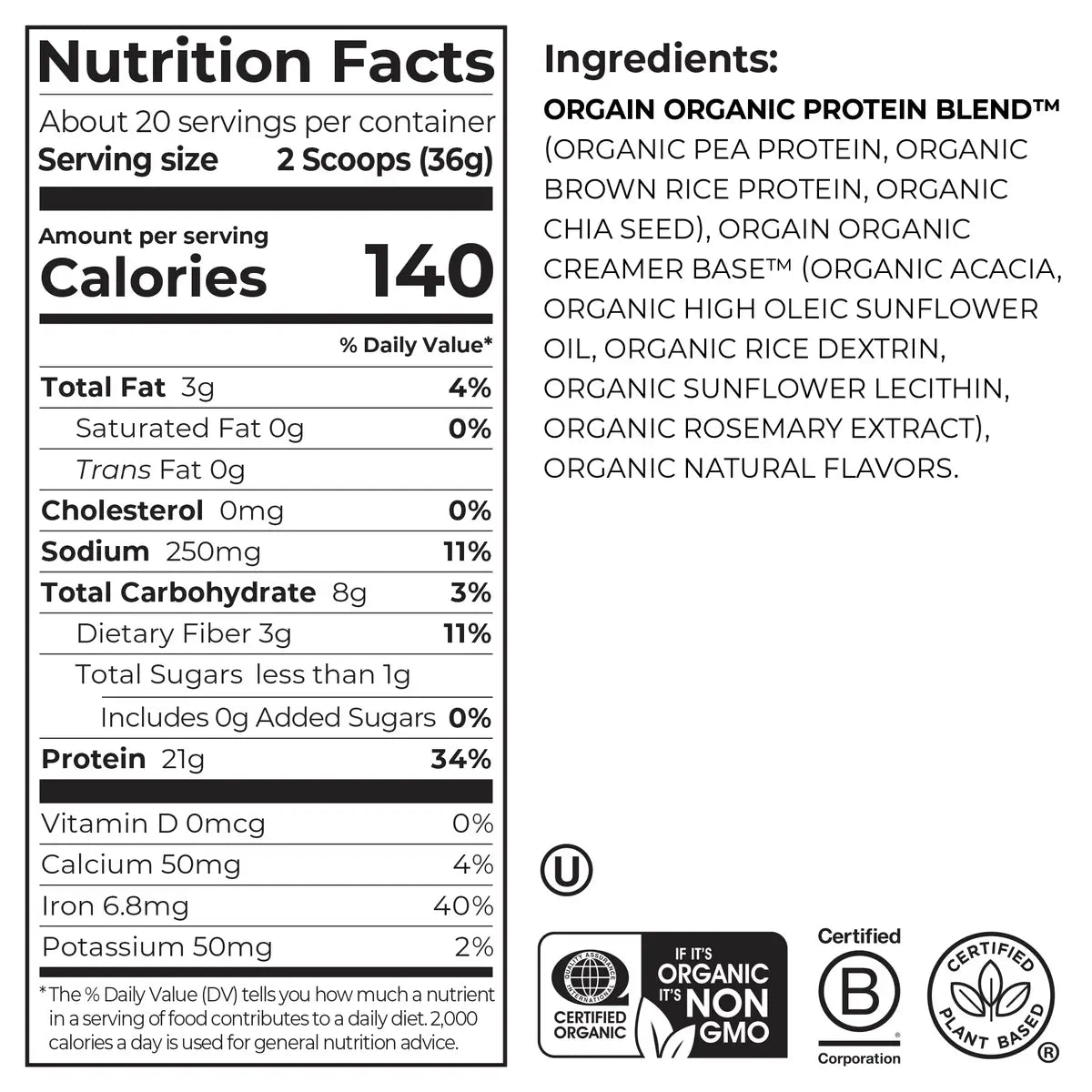 Nutrition fact panel and list of ingredients of Organic Protein Plant Based Protein Powder - Natural Unsweetened  Flavor in the 1.59lb Canister Size