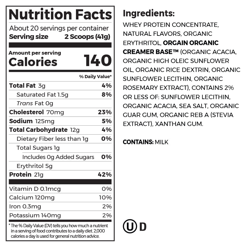 Nutrition fact panel and list of ingredients of Grass Fed Whey Protein Powder - Vanilla Bean  Flavor in the 1.82lb Canister Size
