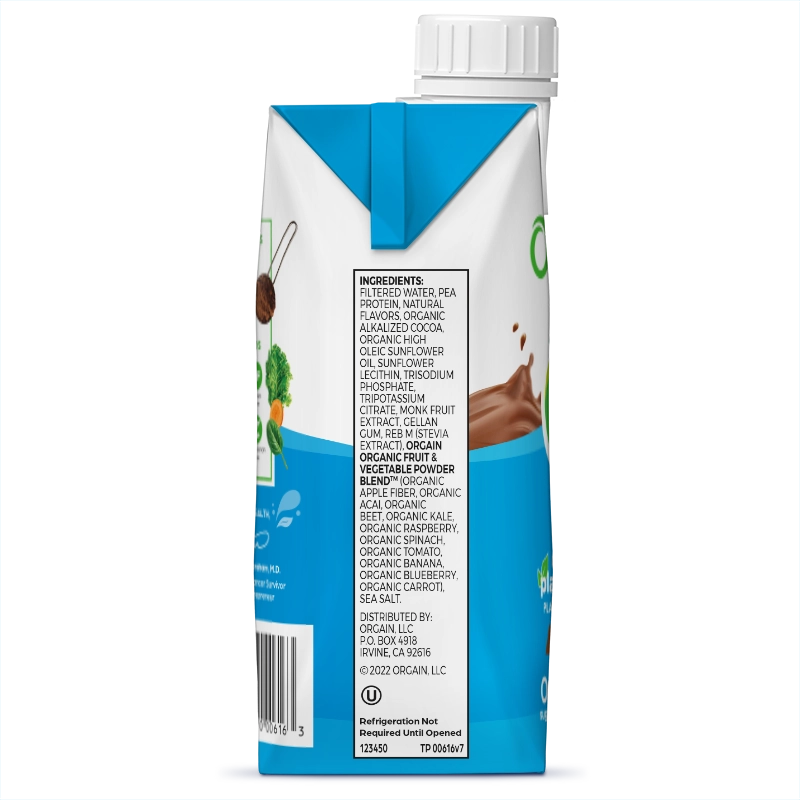 Left side of 20g Plant-Based Protein Shake Creamy Chocolate Flavor in the 12 Shakes Size