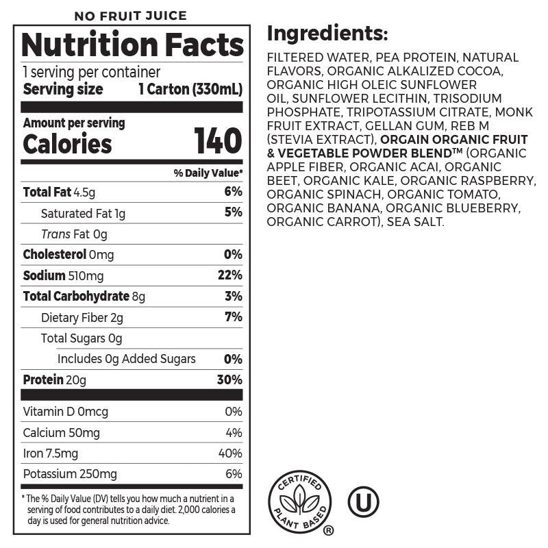 Nutrition fact panel and list of ingredients of 20g Plant-Based Protein Shake Creamy Chocolate Flavor in the 12 Shakes Size