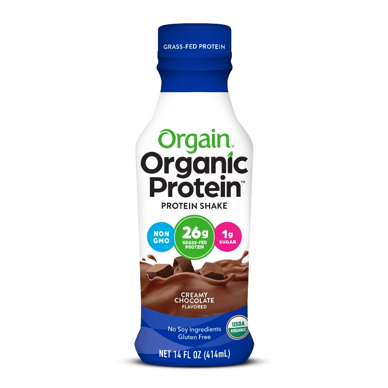 Front of 26g Organic Protein Grass Fed Protein Shake Creamy Chocolate Fudge Flavor in the 12 Shakes Size
