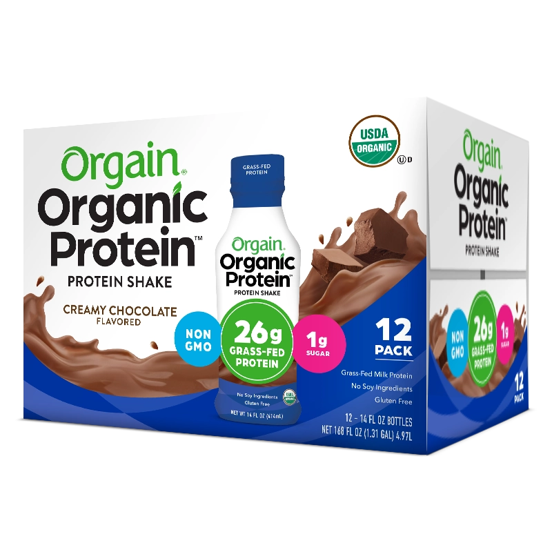 Angled Right side of 26g Organic Protein Grass Fed Protein Shake Creamy Chocolate Fudge Flavor in the 12 Shakes Size