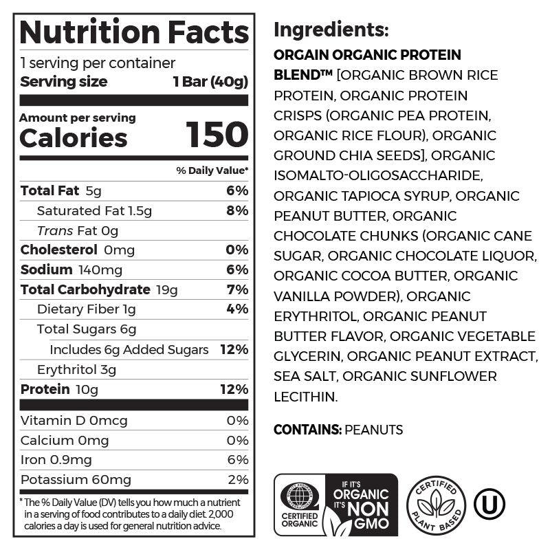 Nutrition fact panel and list of ingredients of Organic Protein Bar - Peanut Butter Chocolate Chunk  Flavor in the 12 Bars Size