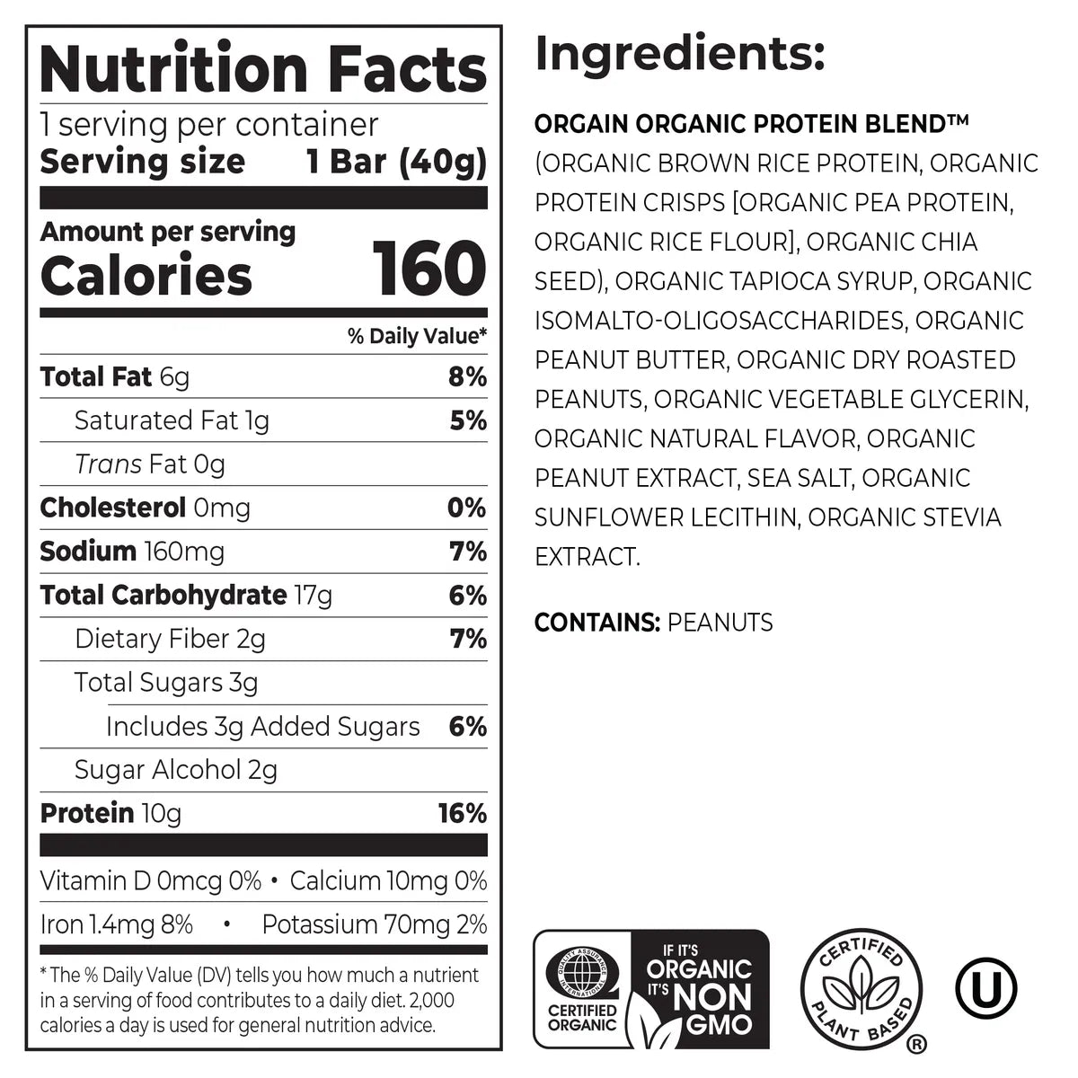 Nutrition fact panel and list of ingredients of Organic Protein Bar - Peanut Butter  Flavor in the 12 Bars Size 