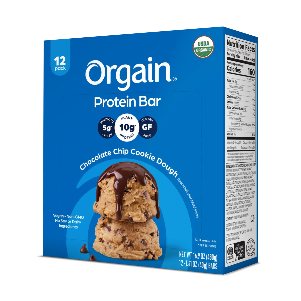 Angled Right side of Organic Protein Bar - Chocolate Chip Cookie Dough  Flavor in the 12 Bars Size
