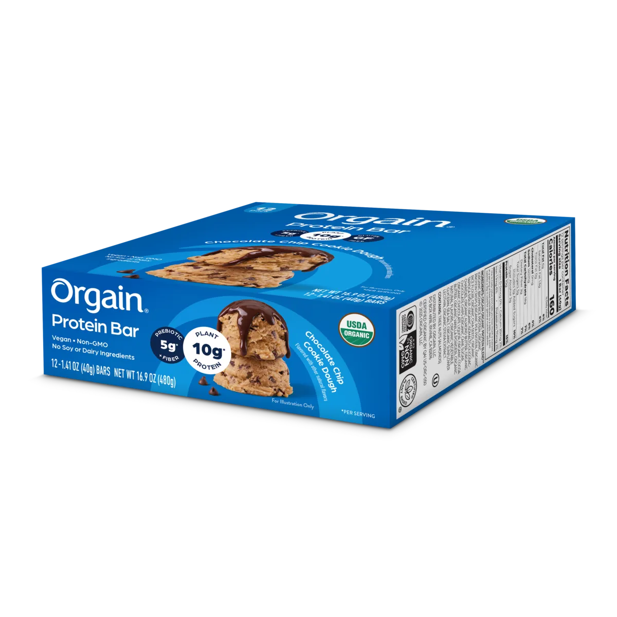 Angled top side of Organic Protein Bar - Chocolate Chip Cookie Dough  Flavor in the 12 Bars Size