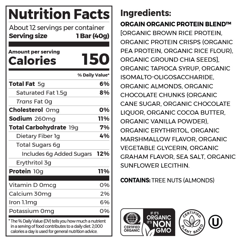 Nutrition fact panel and list of ingredients of Organic Protein Bar - S'mores  Flavor in the 12 Bars Size