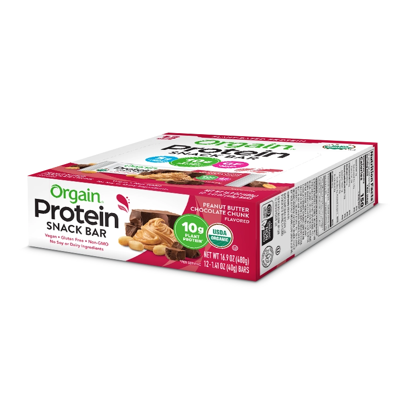 Angled top side of Organic Protein Bar - Peanut Butter Chocolate Chunk  Flavor in the 12 Bars Size